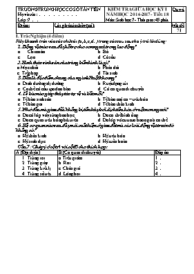 Đề kiểm tra giữa học kì I Sinh học 7 - Mã đề 7I - Năm học 2016-2017 - Trường THCS Tân Tiến